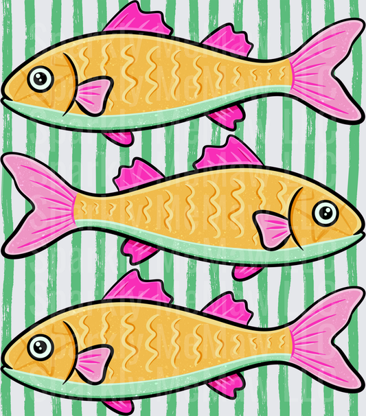 Three Golden Fish with Pink Fins Swimming on Green Striped Background UV DTF Decal