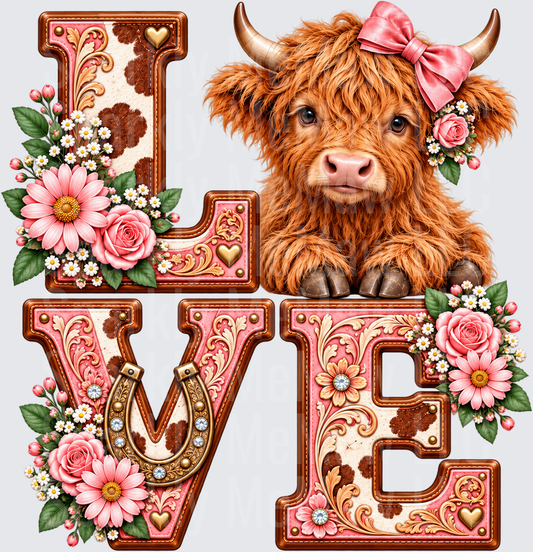 Floral Highland Cow LOVE is a DTF Transfer for Fabrics