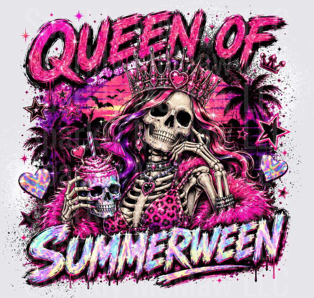 Queen of Summerween Skeleton with Crown and Tropical Vibes UV DTF Decal