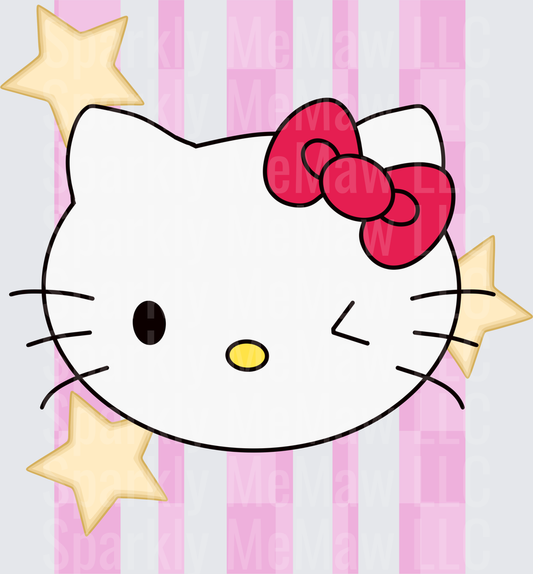 Hello Kitty Face Red Bow Gold Stars Pink Stripe Background DTF Transfer for Fabrics