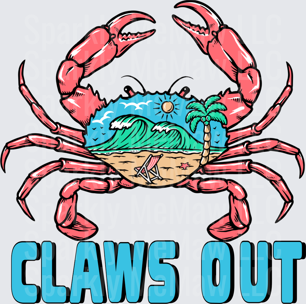 UV DTF Decal Claws Out Crab with Tropical Beach Scene Summer Vibes