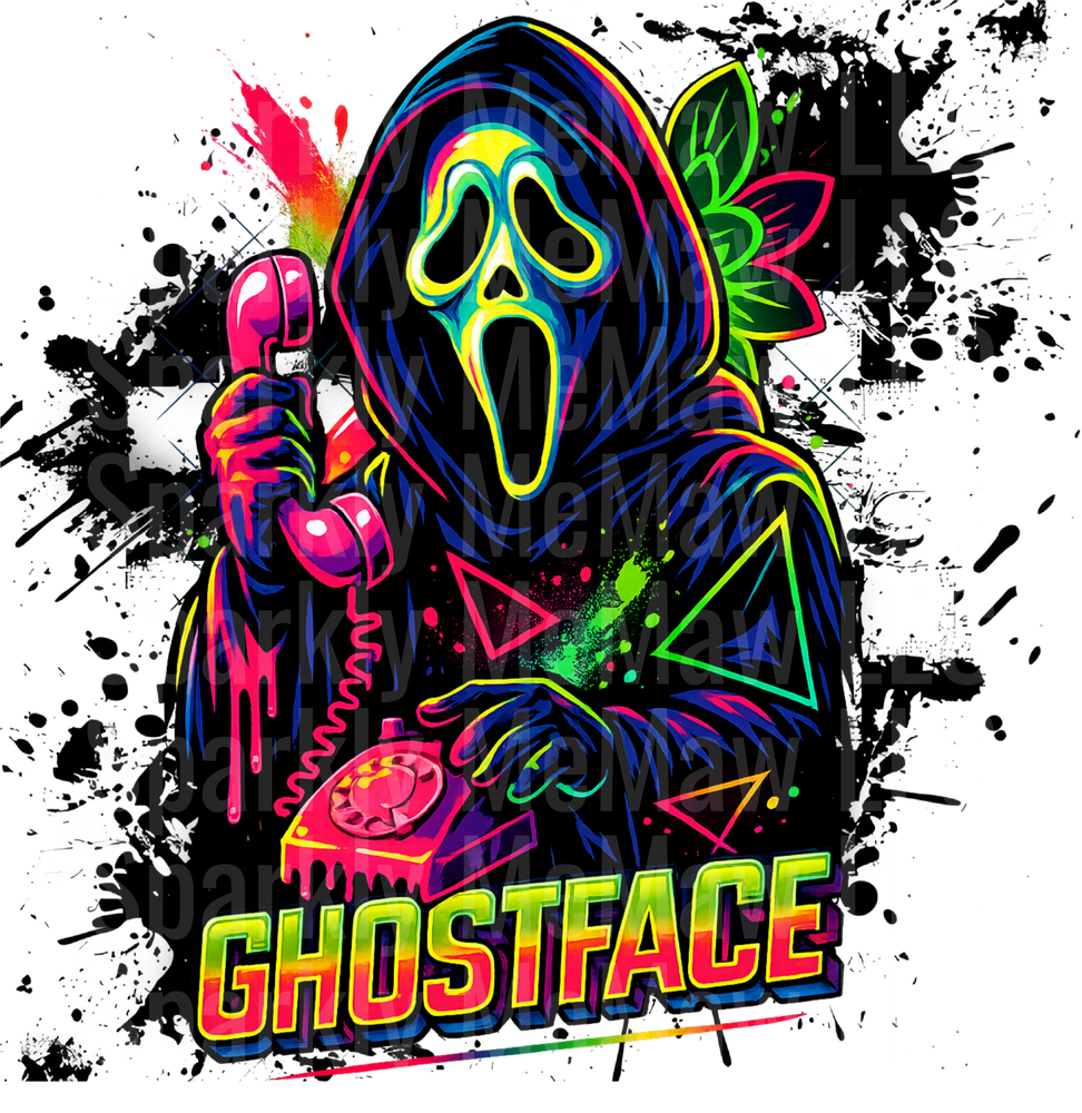 Neon Ghostface Scream Killer with Retro Phone Graffiti Art UV DTF Decal