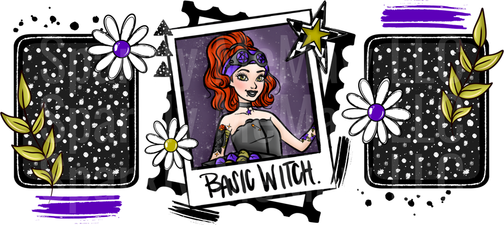 Basic Witch Redhead Character with Starry Night Frames and Daisies 16 oz UV DTF Wrap