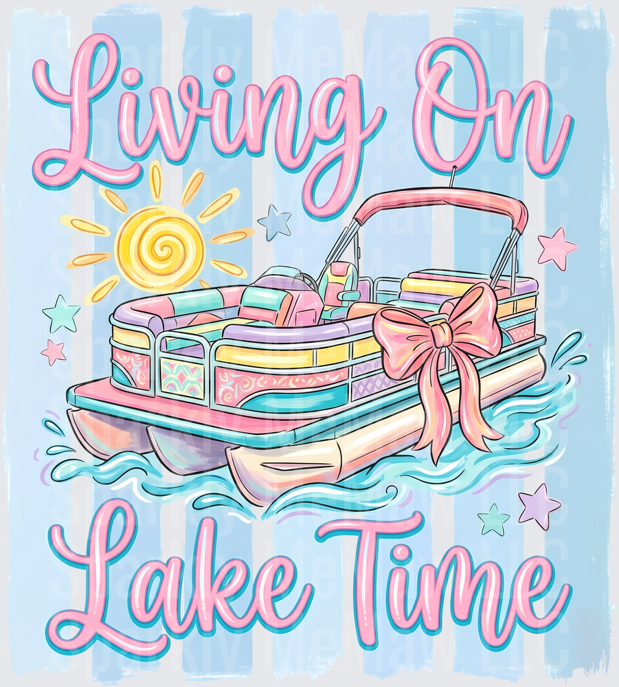 Living On Lake Time Pontoon Boat with Pink Bow and Sun UV DTF Decal