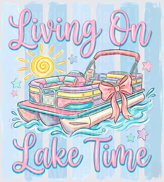 Living On Lake Time Pontoon Boat with Pink Bow and Sun UV DTF Decal