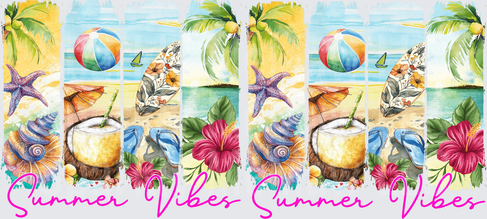 Summer Vibes Tropical Beach Collage with Palm Trees Coconut Drink Hibiscus UV DTF 16 oz Wrap