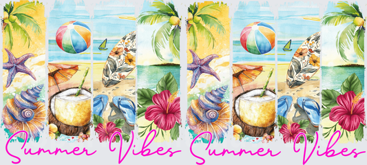Summer Vibes Tropical Beach Collage with Palm Trees Coconut Drink Hibiscus UV DTF 16 oz Wrap