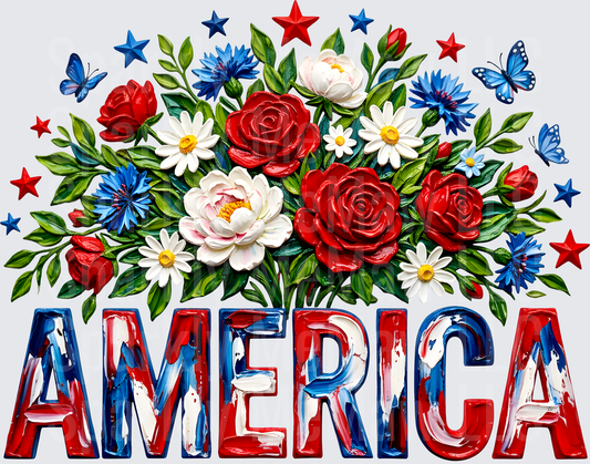 Patriotic America Floral Bouquet with Red White Blue Stars and Butterflies UV DTF Decal