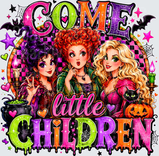 Hocus Pocus Sanderson Sisters Come Little Children Halloween Glitter DTF Transfer for Fabrics with Cauldron Bats Pumpkin and Black Cat