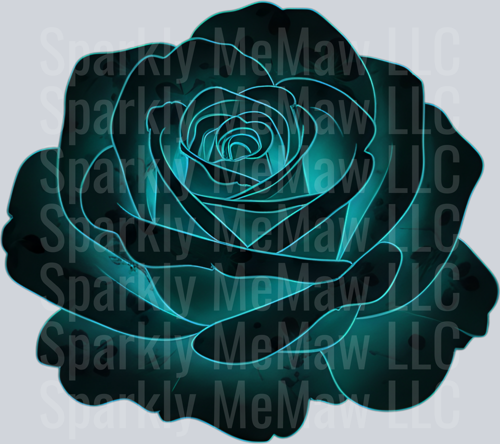 Glowing Teal Rose with Neon Outlined Petals UV DTF Decal