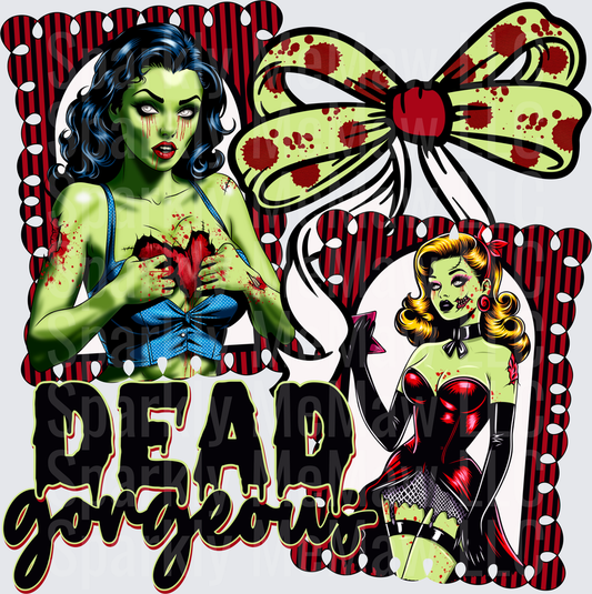 Dead Gorgeous Zombie Pin-Up Girls with Blood Splatter Hearts and Bow DTF Transfer