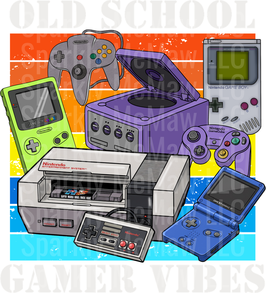 Retro Nintendo Gaming Console Collection with Rainbow Gradient Background UV DTF Decal