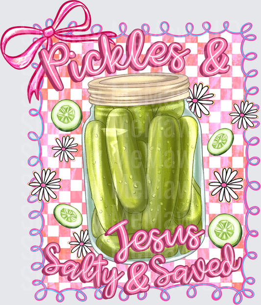 Pickles & Jesus Salty & Saved Mason Jar Pink Checkered Daisy DTF Transfer for Fabrics