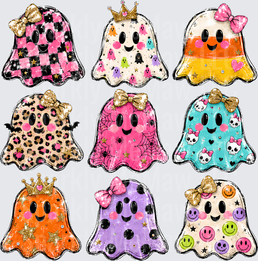 Cute Halloween Ghost Bundle Pink Checkered Leopard Spider Web Skull Smiley Face Bow Crown Glitter UV DTF 10x10 element sheet