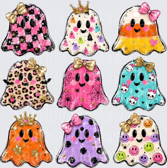 Cute Halloween Ghost Bundle Pink Checkered Leopard Spider Web Skull Smiley Face Bow Crown Glitter UV DTF 10x10 element sheet