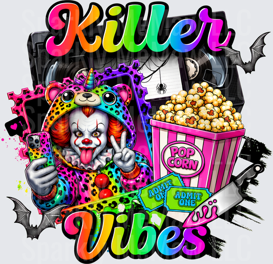 Killer Vibes Pennywise Clown Selfie Neon Leopard Unicorn Onesie Horror Movie Night Popcorn VHS Bats Halloween DTF Transfer for Fabrics