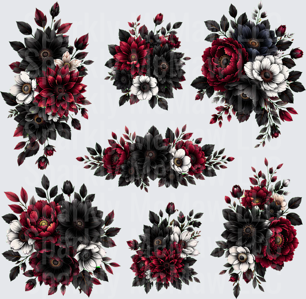 Gothic Dark Floral Bouquet Collection Deep Crimson Black and White Flowers UV DTF 10x10 Element Sheet
