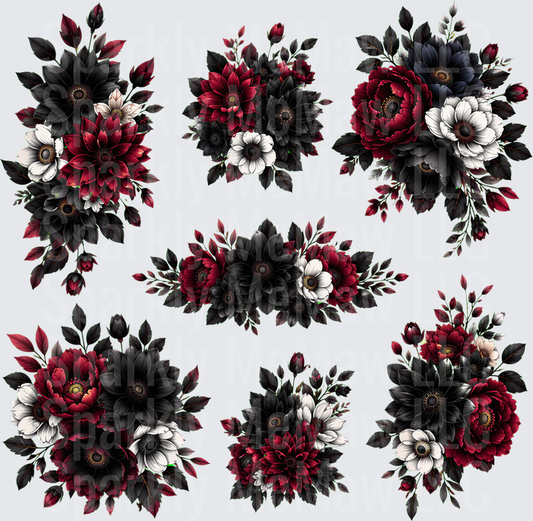 Gothic Dark Floral Bouquet Collection Deep Crimson Black and White Flowers UV DTF 10x10 Element Sheet
