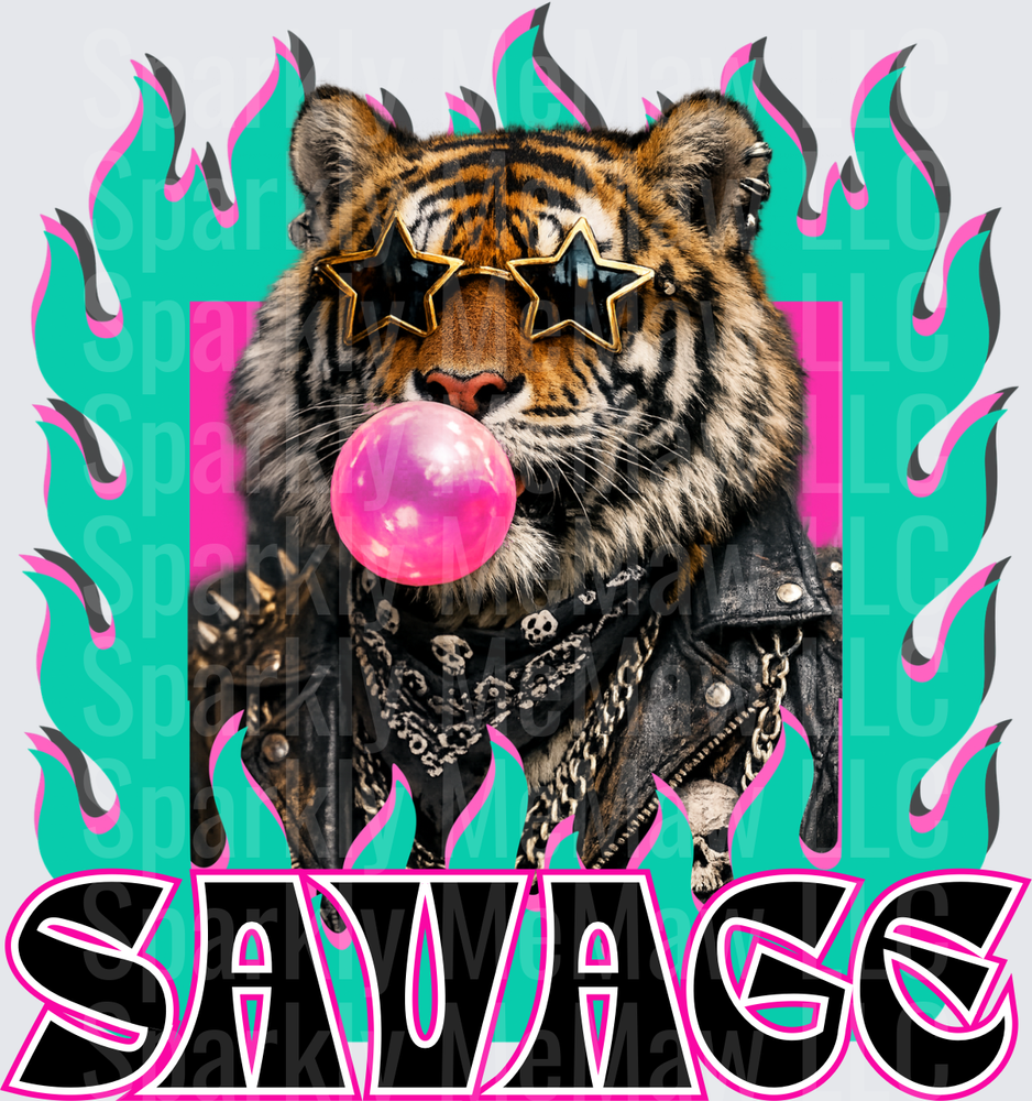 Savage Tiger Wearing Star Sunglasses Blowing Pink Bubble Gum with Flames UV DTF Decal