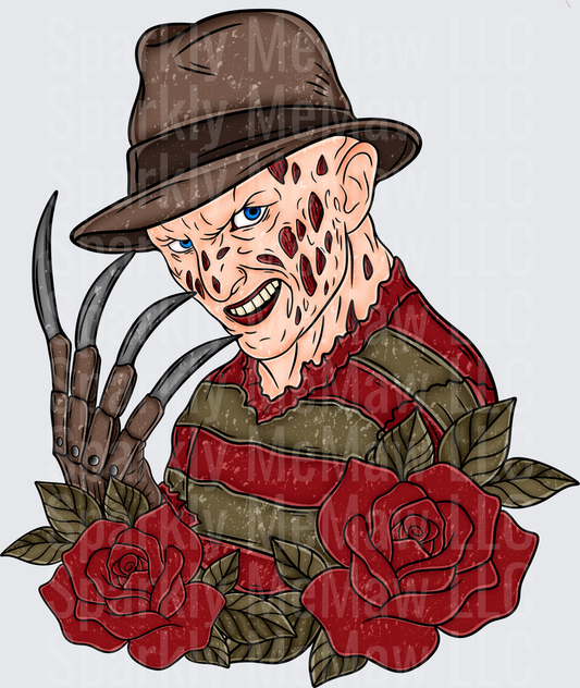Freddy Krueger Tattoo Style Portrait with Red Roses and Razor Glove DTF Transfer