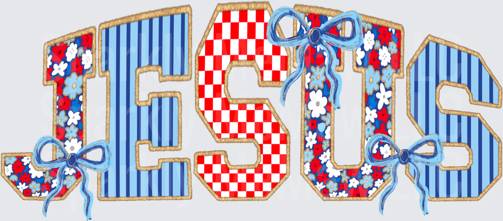 JESUS Patriotic Letters with Blue Bows Red White Blue Floral Pattern UV DTF Decal