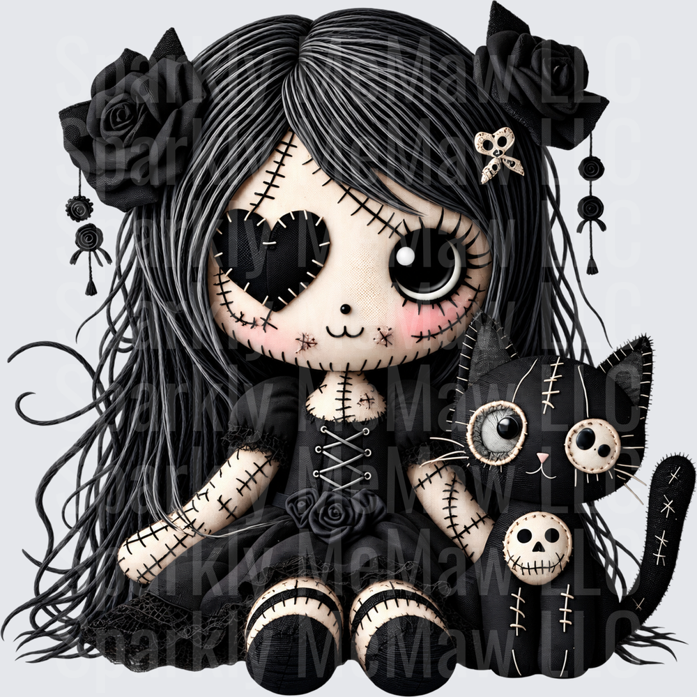 Gothic Rag Doll with Cat is a DTF Transfer for Fabrics