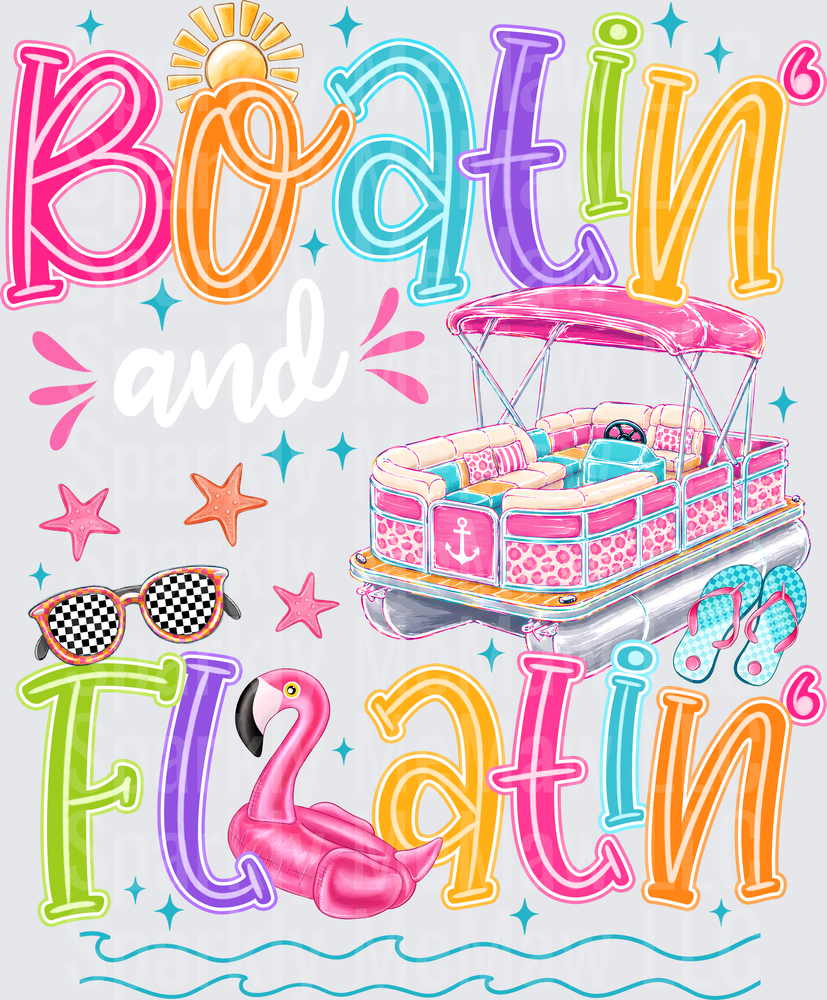 Boatin' Floatin' Colorful Pontoon Boat Pink Flamingo Float Summer UV DTF Decal