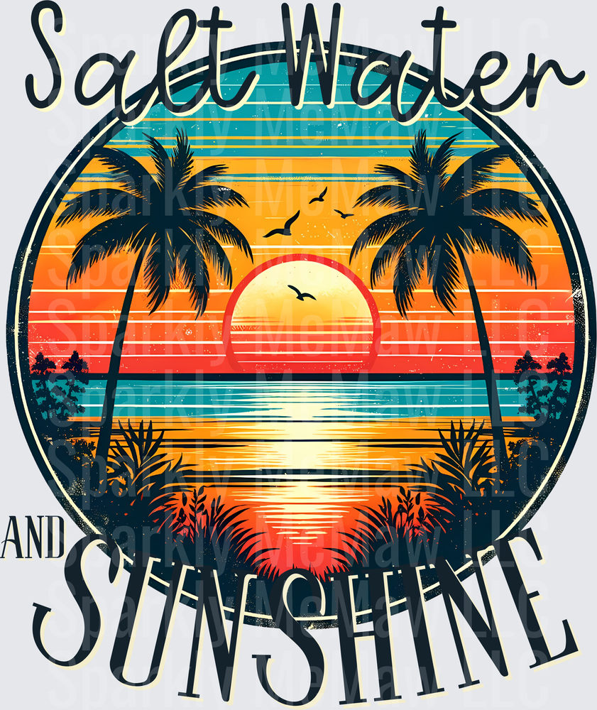 Salt Water and Sunshine Tropical Beach Sunset Palm Trees UV DTF Decal