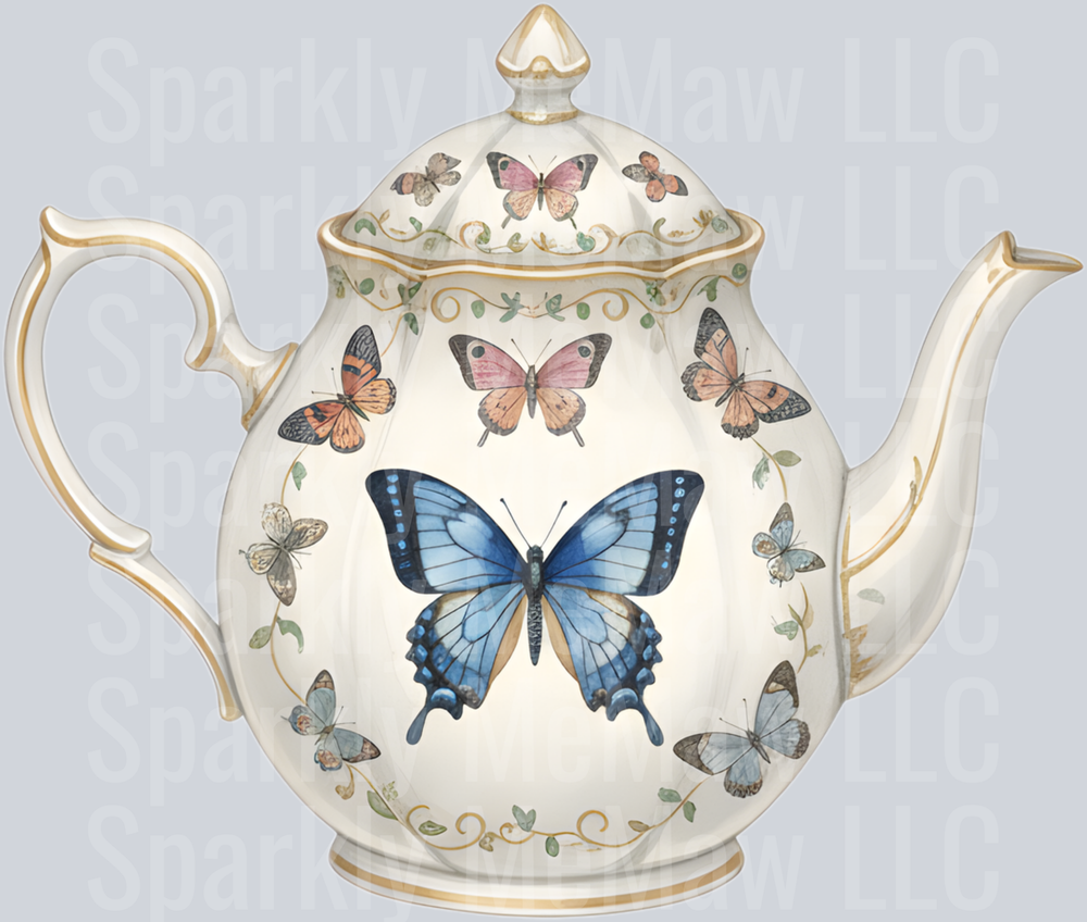 Vintage Butterfly Teapot with Blue Swallowtail and Pink Butterflies UV DTF Decal