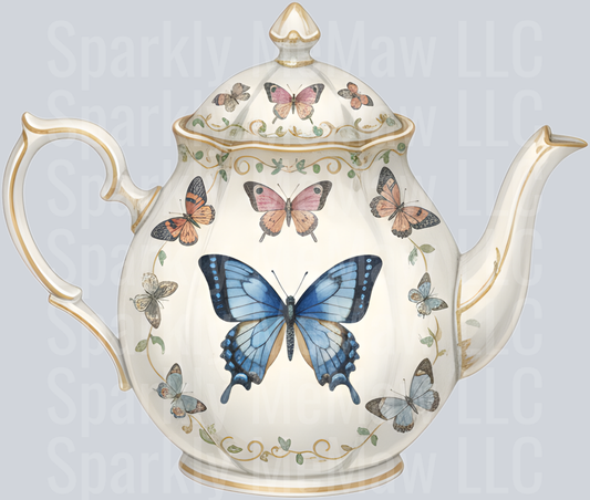 Vintage Butterfly Teapot with Blue Swallowtail and Pink Butterflies UV DTF Decal
