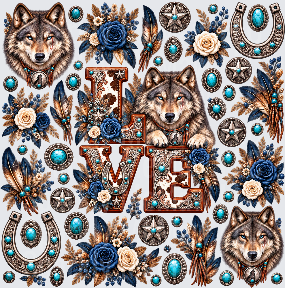 Wolf Love Western Turquoise Sheet is a 10x10 UV DTF Cut and stick sheet
