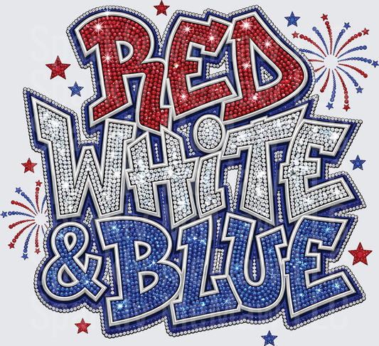Red White and Blue Patriotic Rhinestone Style Text with Fireworks UV DTF Decal