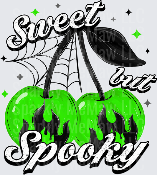 Sweet But Spooky Green Cherries with Black Flames and Spider Web DTF Transfer for Fabrics