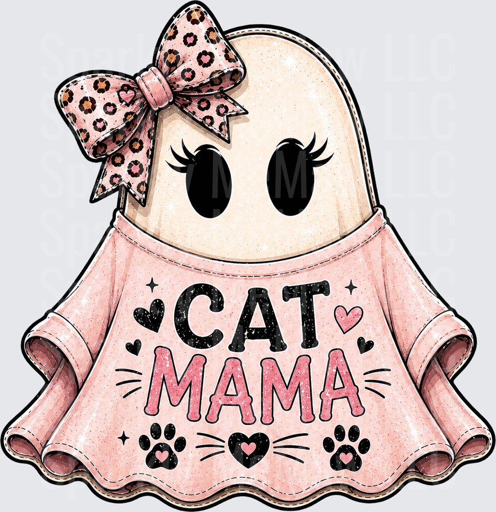 Cat Mama Ghost with Leopard Print Bow Pink Halloween Spirit DTF Transfer