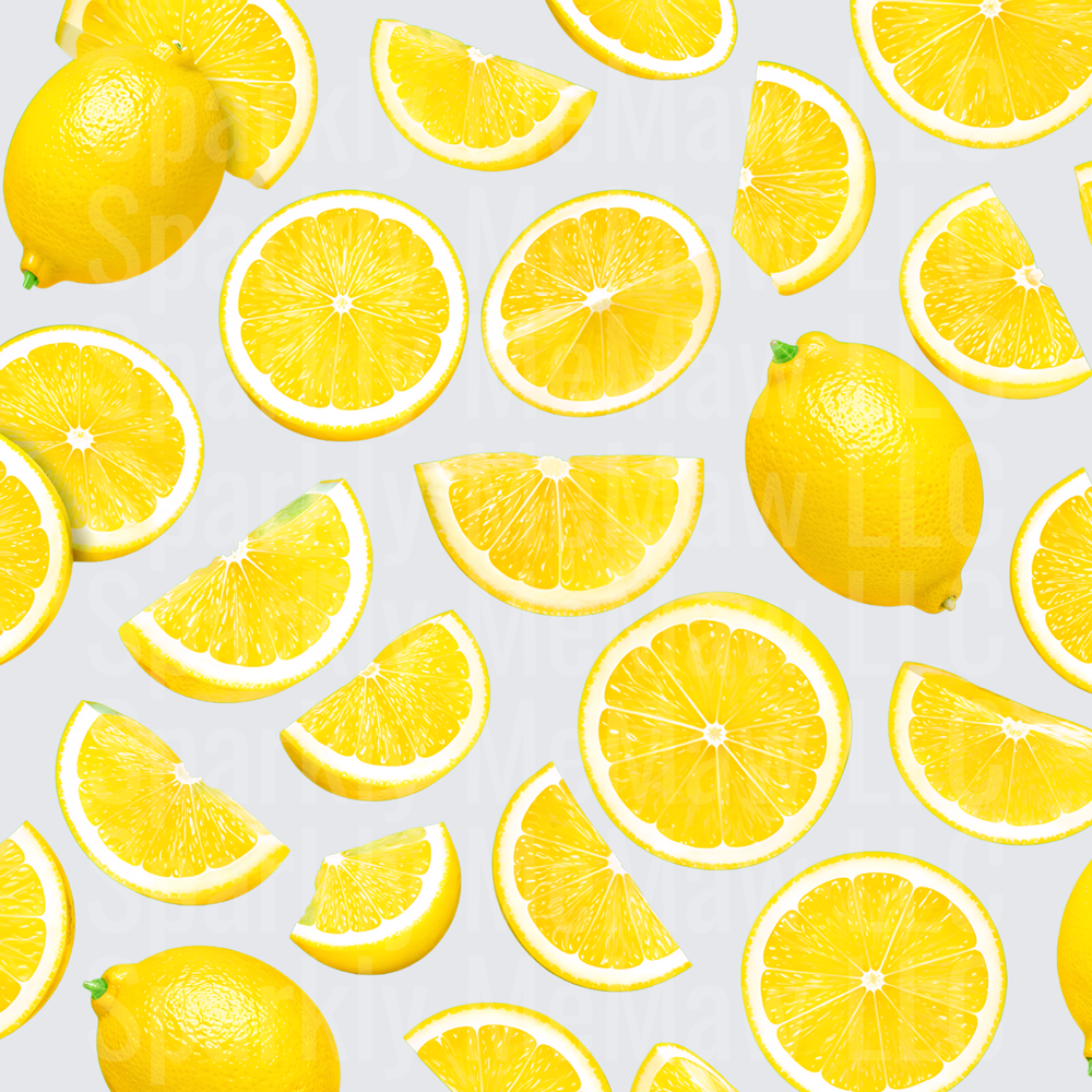 Bright Yellow Lemon Slices Wedges and Whole Fruit Scatter Pattern UV DTF 10x10 Element Sheet