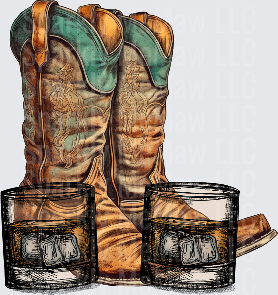 Vintage Cowboy Boots and Whiskey Glasses Western Design UV DTF Decal