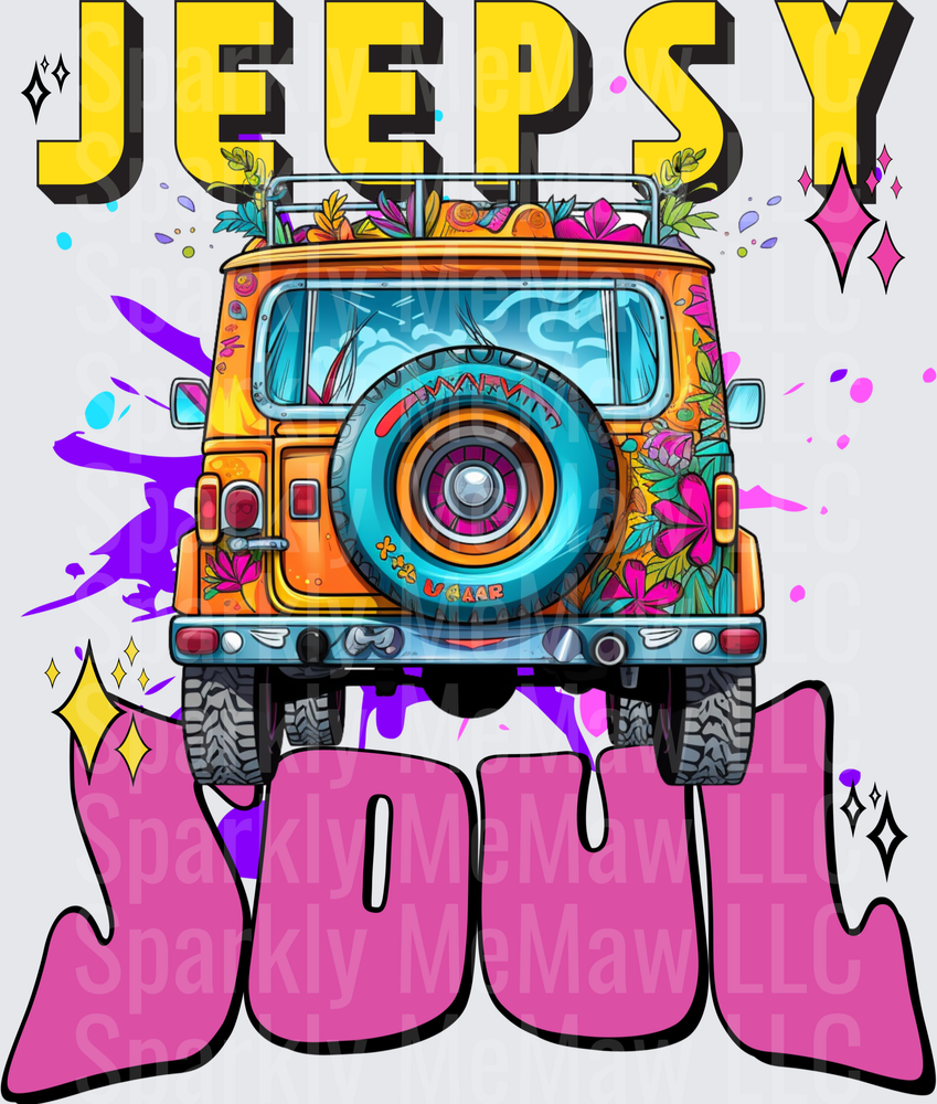 Jeepsy Soul Tie Dye Jeep with Tropical Flowers and Spare Tire Design - UV DTF Decal
