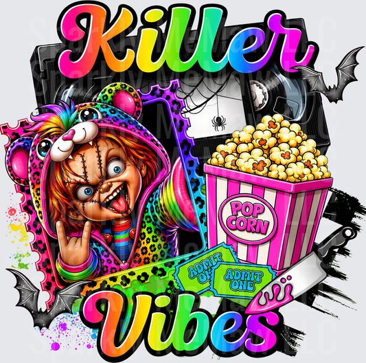 Killer Vibes Chucky Horror Doll Rainbow Leopard Hoodie VHS Tapes Popcorn Halloween DTF Transfer for Fabrics