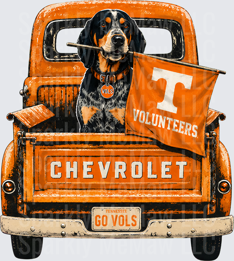 Tennessee Volunteers Bluetick Coonhound Dog Holding Flag in Vintage Orange Chevrolet Truck Go Vols UV DTF Decal