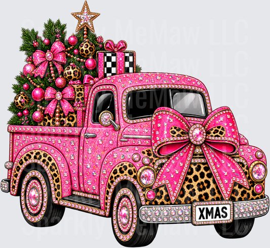 Pink Leopard Glam XMAS Truck DTF Transfer for Fabrics