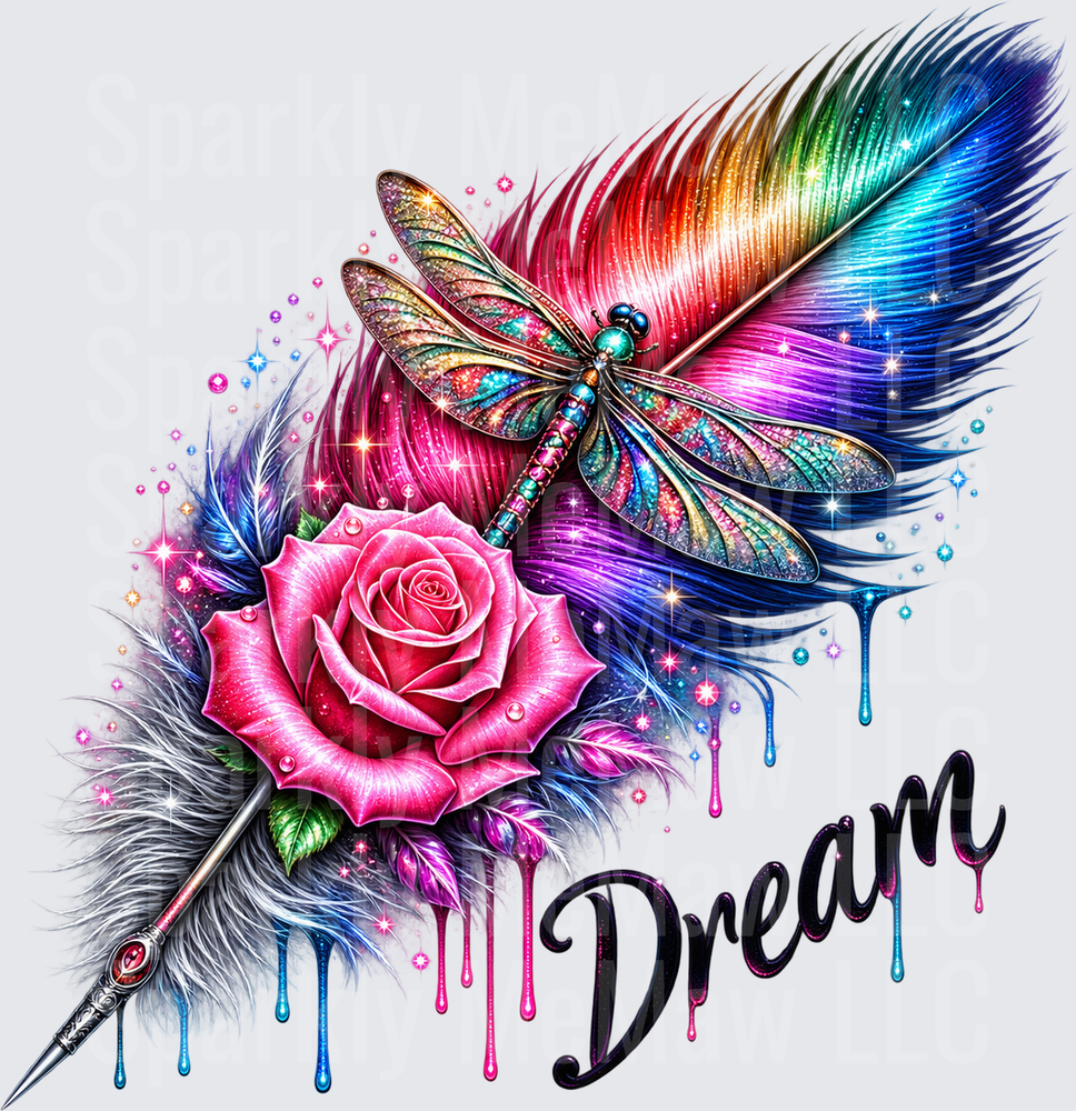 Rainbow Feather Dragonfly Rose Dream UV DTF Decal
