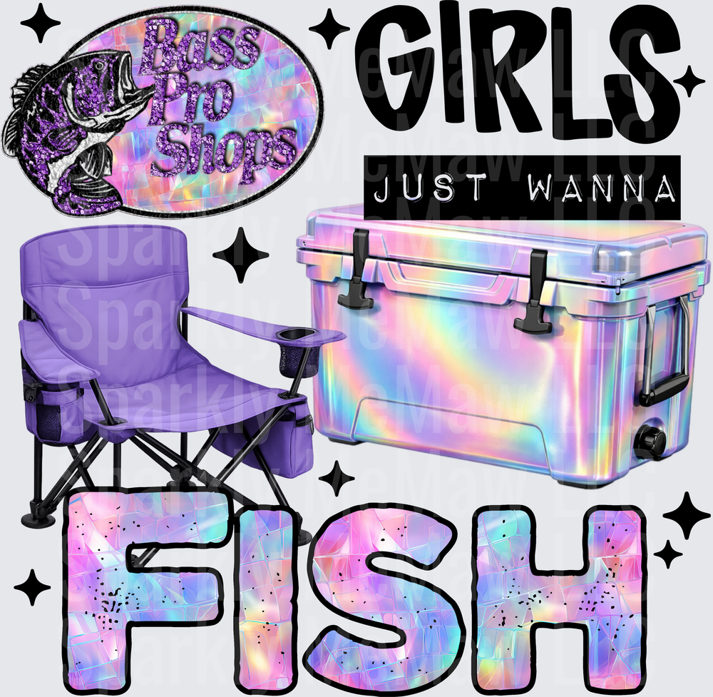 Girls Just Wanna Fish Holographic Camping Chair and Cooler Design