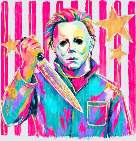Michael Myers Halloween Horror Pop Art Neon Stars and Stripes with Knife DTF Transfer for Fabrics