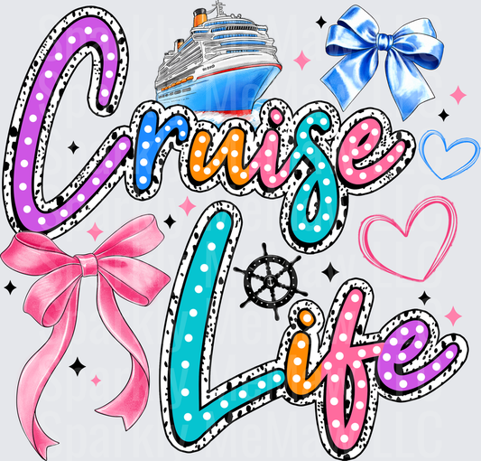 Cruise Life Colorful Polka Dot Lettering with Ship and Ribbons UV DTF Decal