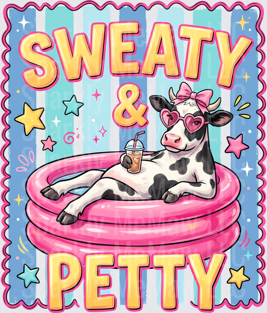 Sweaty & Petty Cow with Heart Sunglasses on Pink Pool Float UV DTF Decal