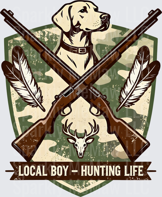 Local Boy Hunting Life Yellow Lab Crossed Rifles Deer Skull Camo Shield uv dtf decal