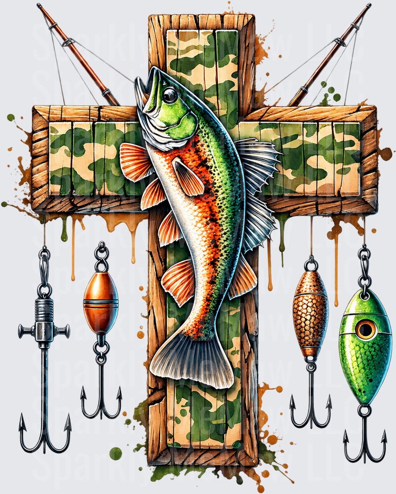 Fishing Cross Camo Bass UV DTF Decal