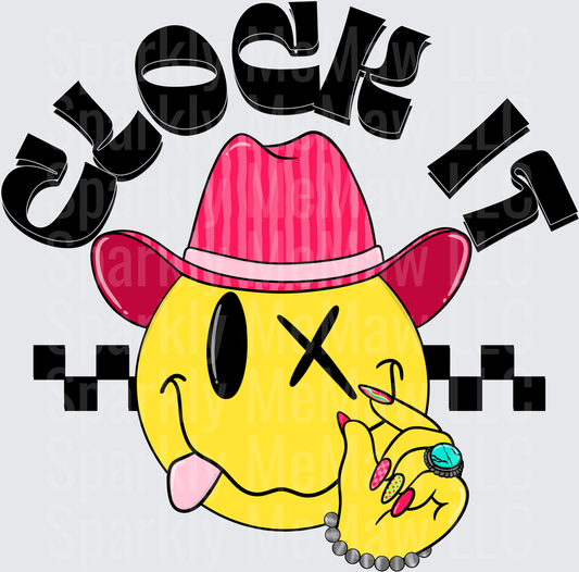 Yeehaw Cowboy Smiley Face with Pink Hat and Jewelry