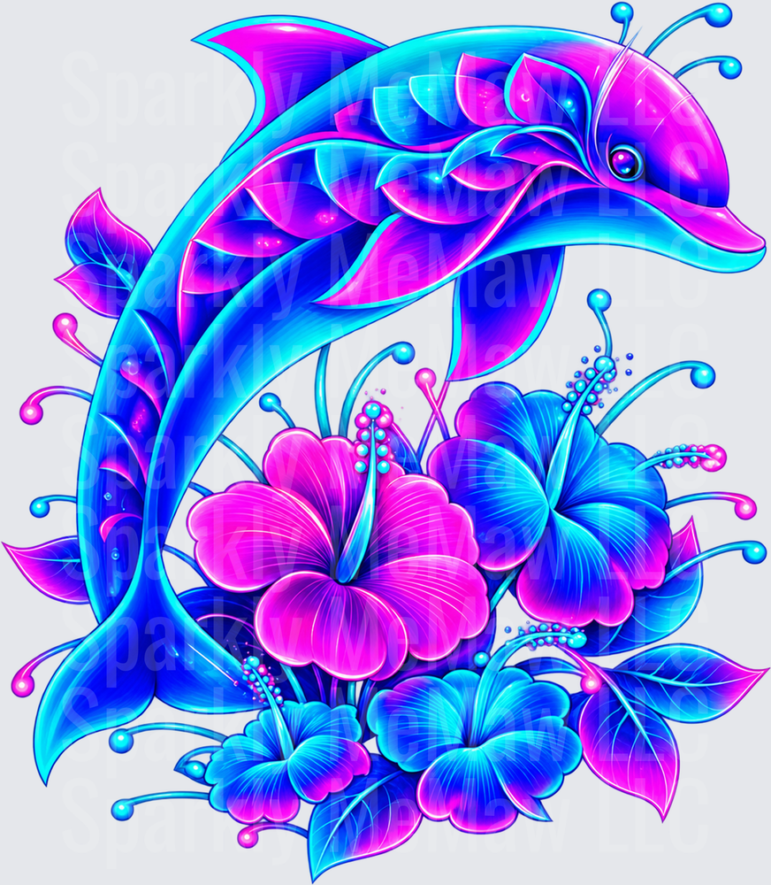 Neon Dolphin Hibiscus Floral This is a UV DTF DECAL (HARD SMOOTH SURFACE)