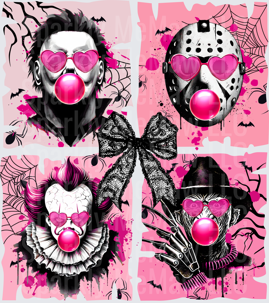 Horror Movie Icons with Pink Heart Sunglasses and Bubblegum - UV DTF Decal